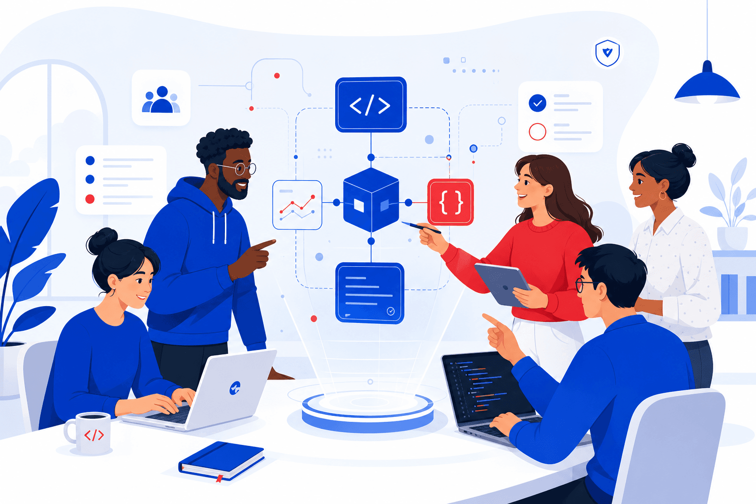 Engineering workspace illustration representing product design and software delivery