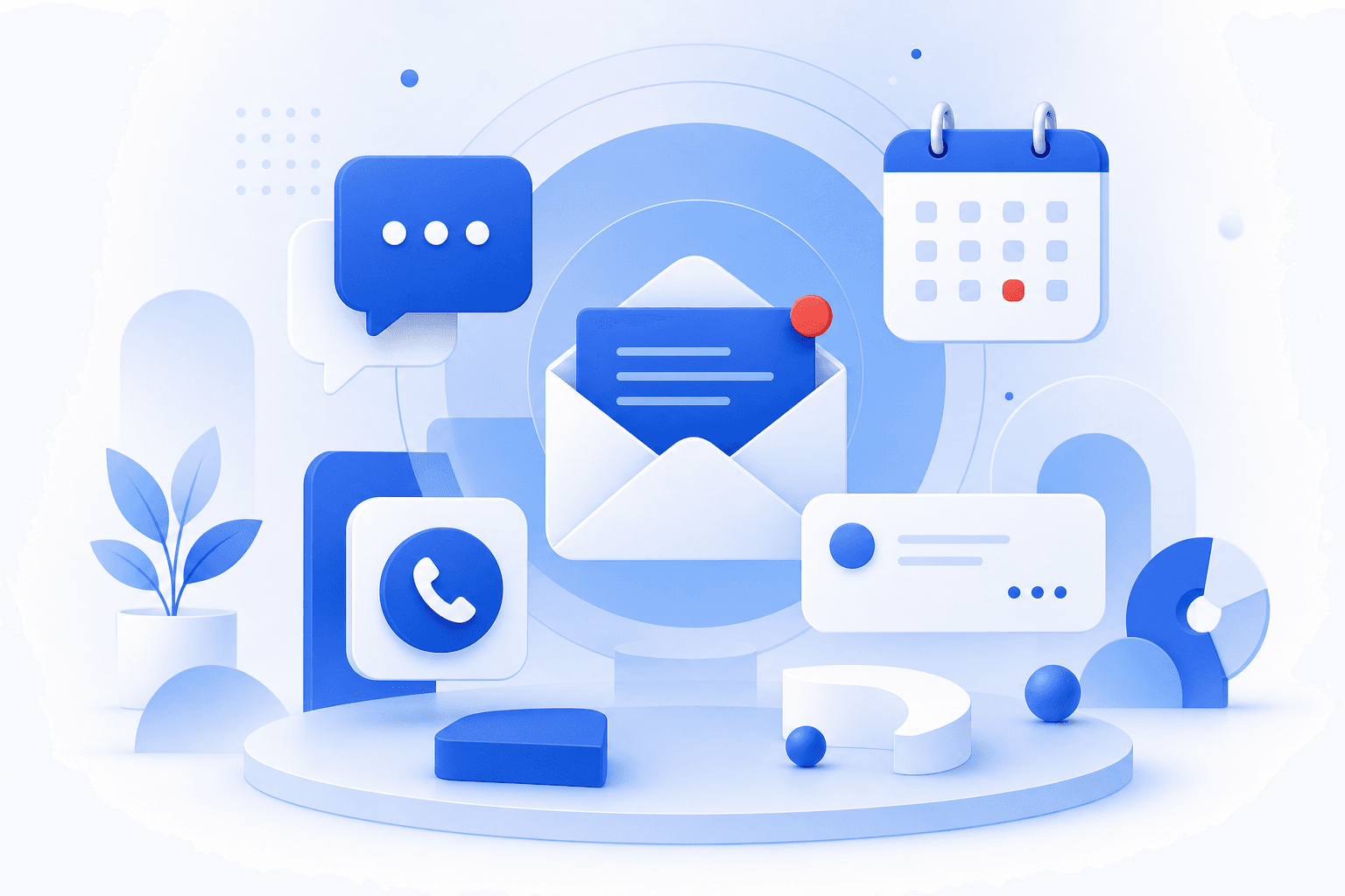 Contact illustration with messaging, calendar, and communication elements