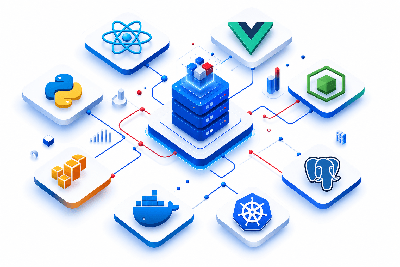 Technology stack illustration showing connected development tools, cloud infrastructure, and frameworks